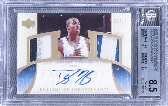 2005-06 UD "Exquisite Collection" Emblems of Endorsements #EMDH Dwight Howard Signed Game Used Patch Card (#04/15) - BGS NM-MT+ 8.5/BGS 10